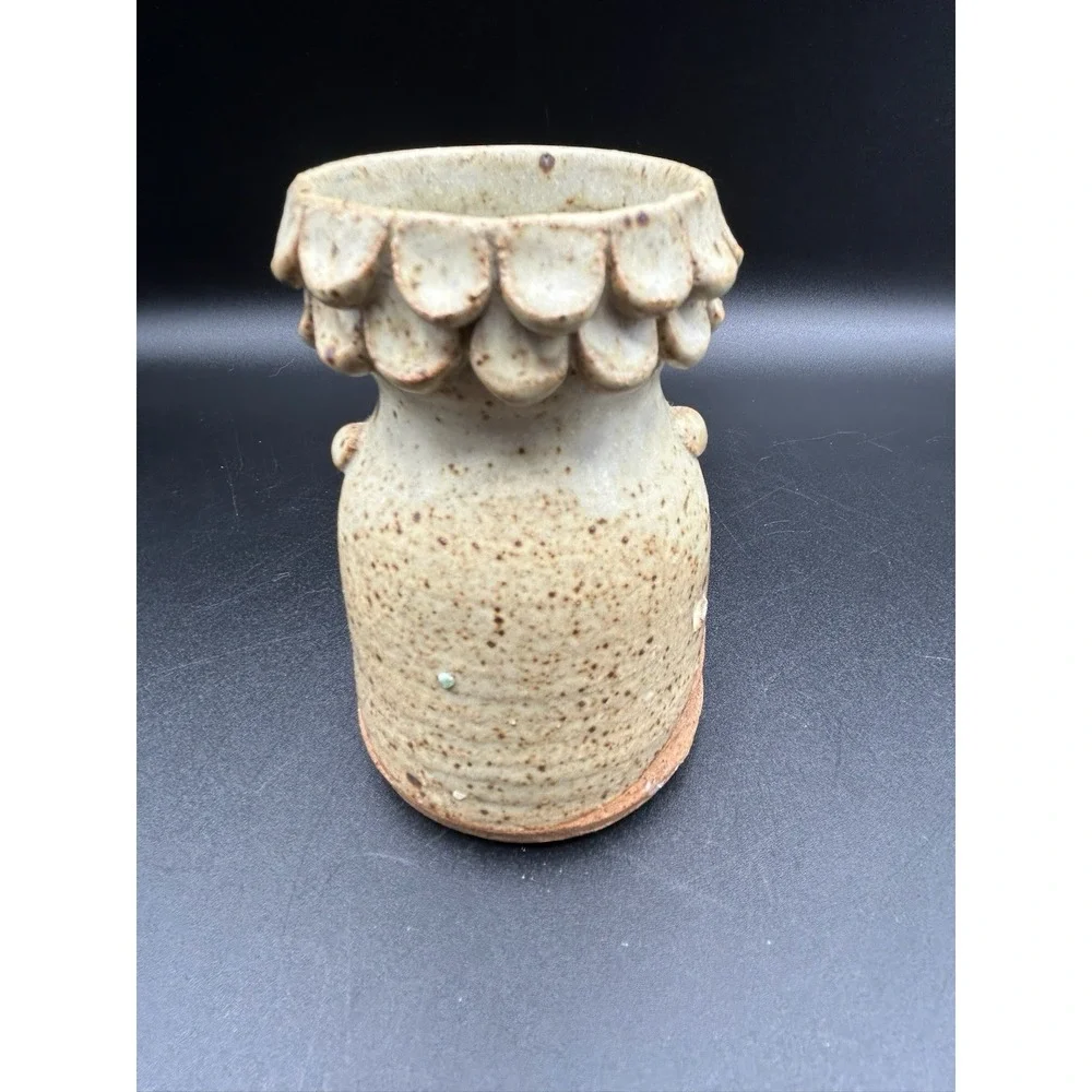 Antique New England Folk Art Pottery Vase Woman Holding Flowers Signed Cox